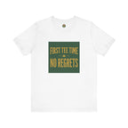 White t-shirt with a mountain and tree graphic and 'Wander More' text on a white background
