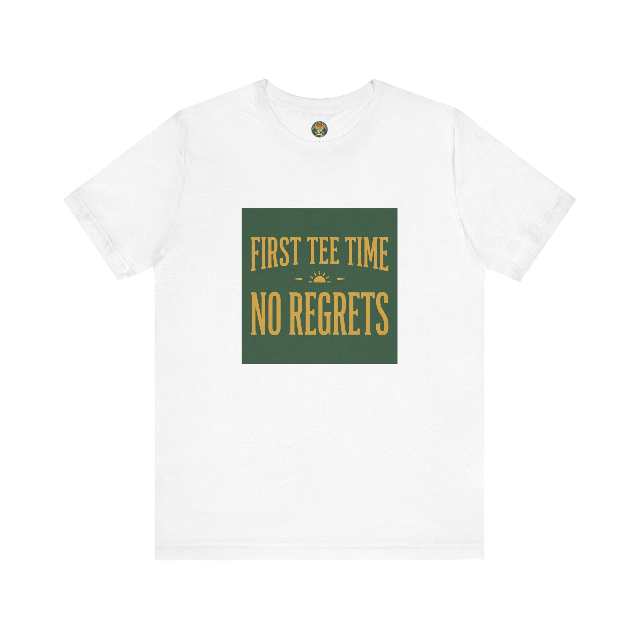White t-shirt with a mountain and tree graphic and 'Wander More' text on a white background