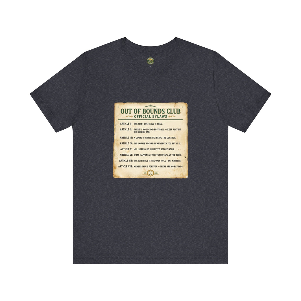 Navy blue t-shirt with 'Out of Bounds Club' graphic on a white background