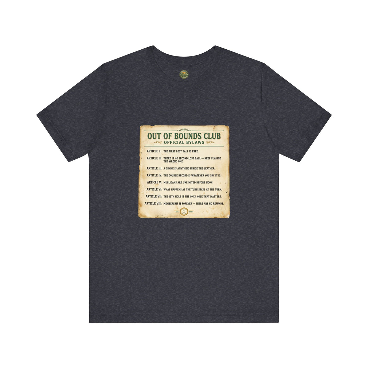 Navy blue t-shirt with 'Out of Bounds Club' graphic on a white background