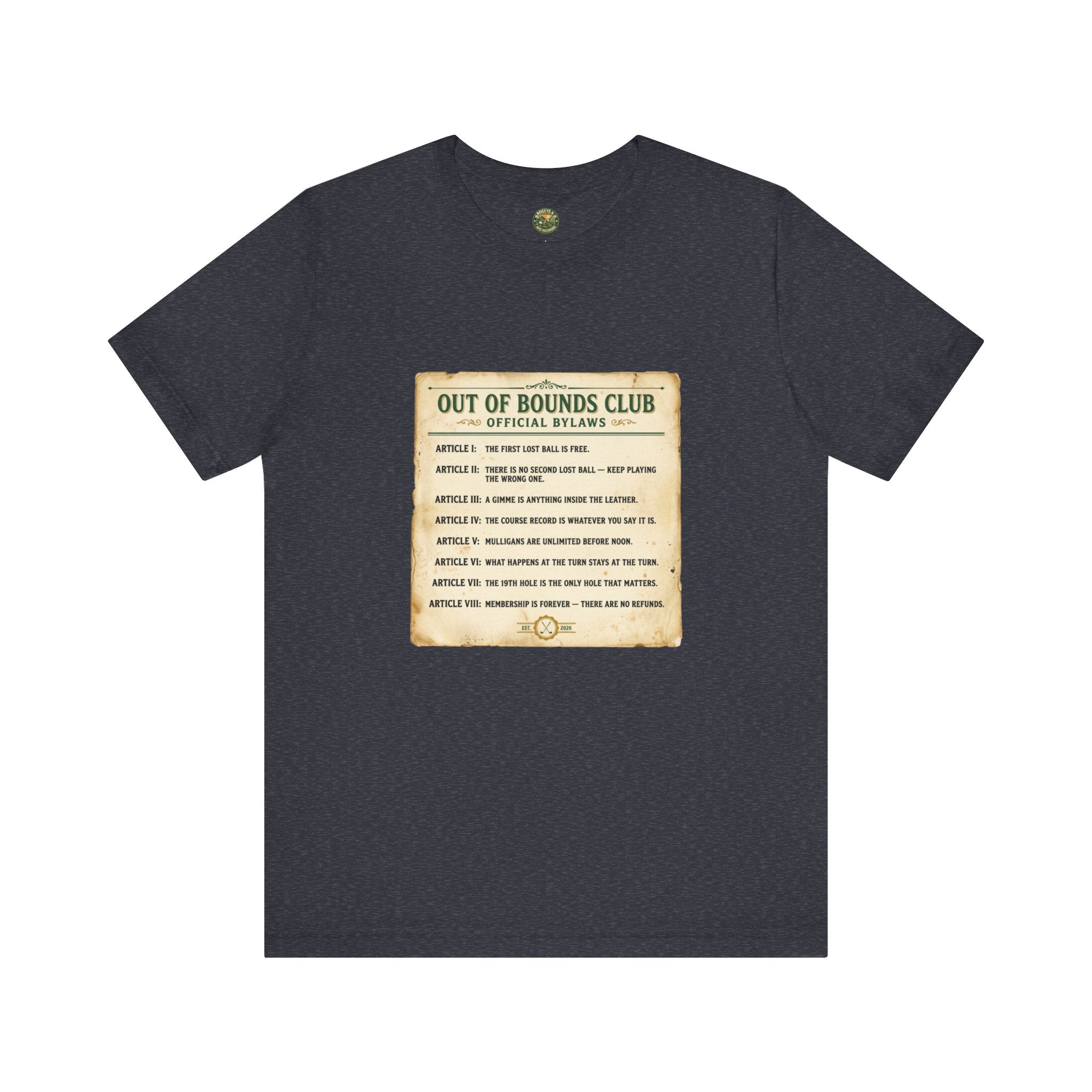 Navy blue t-shirt with 'Out of Bounds Club' graphic on a white background