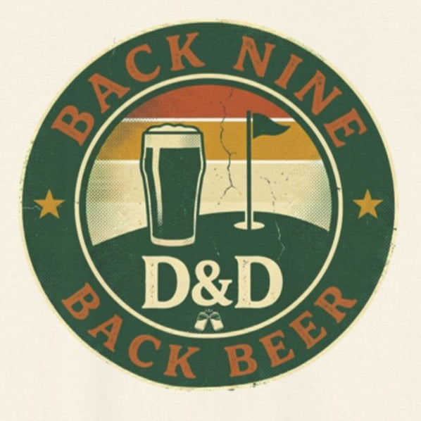 White t-shirt with a 'Back Nine D&D Back Beer' graphic on a white background