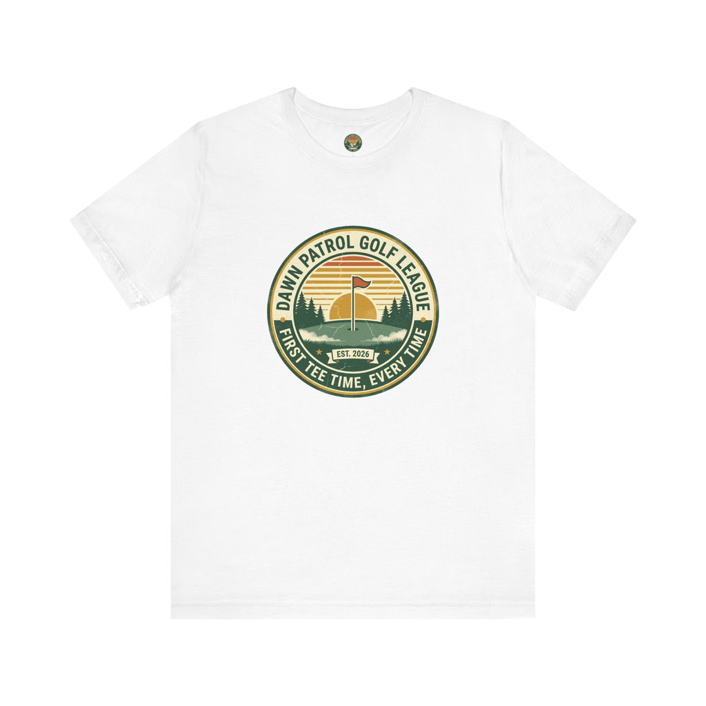 Dawn Patrol Golf League Badge Tee — Sunrise Crest