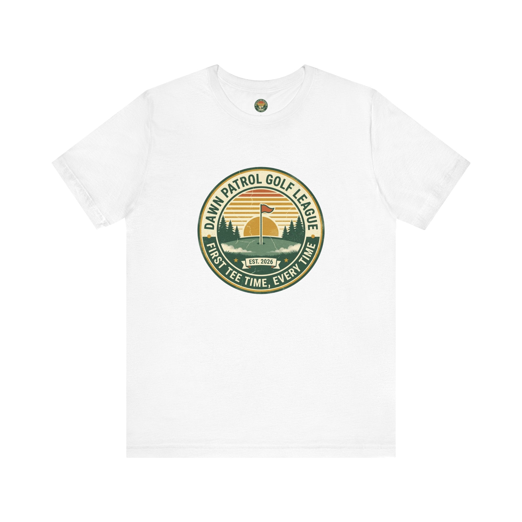 Dawn Patrol Golf League Badge Tee — Sunrise Crest