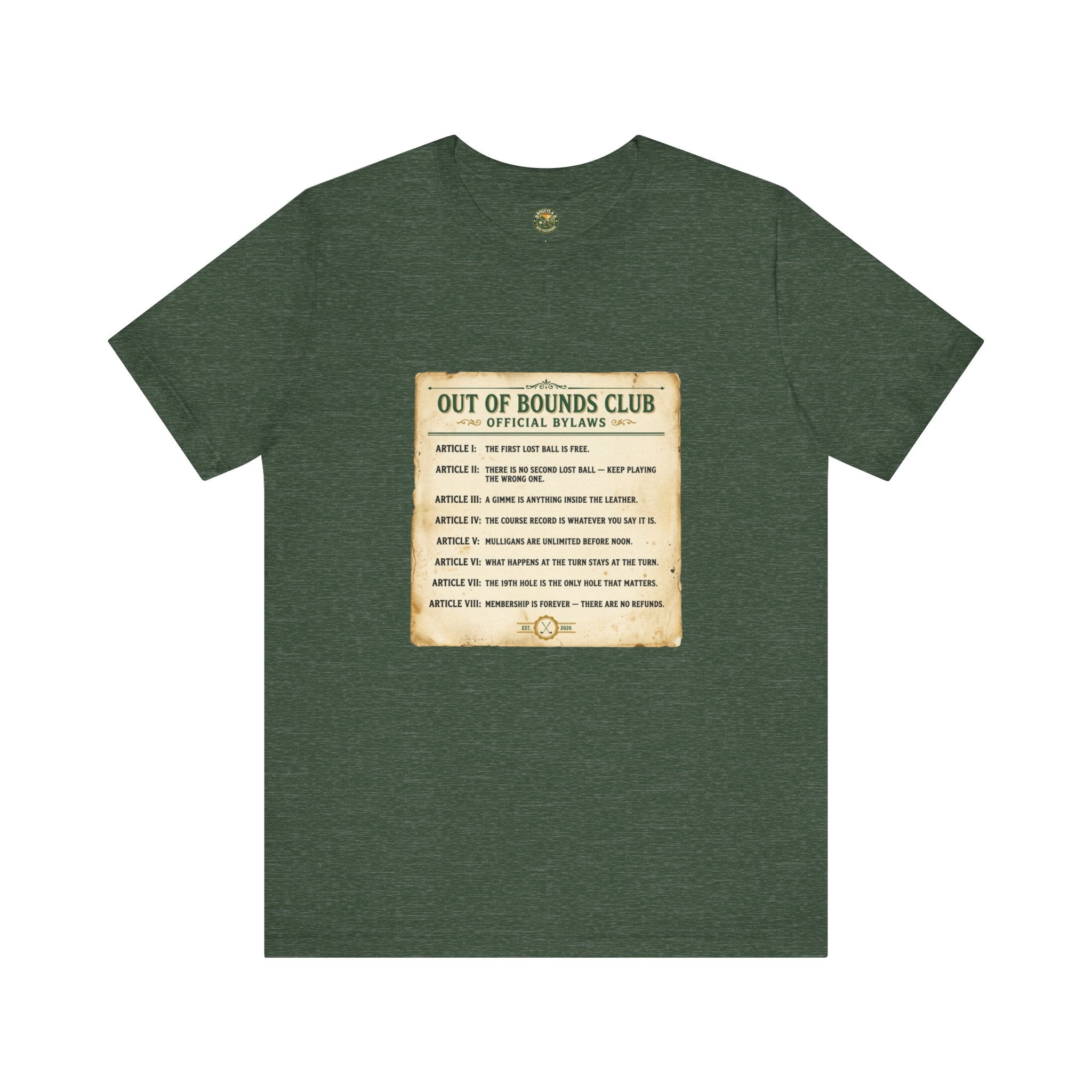 Green t-shirt with 'Out of Bounds Club' graphic on a white background