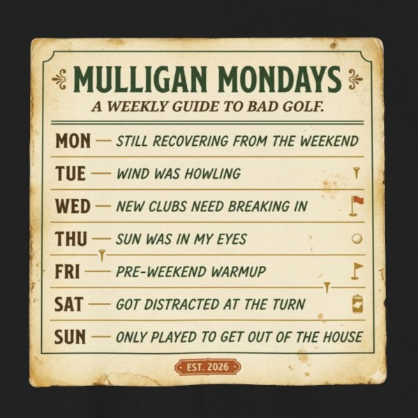 Mulligan Mondays Tee — Weekly Excuse Calendar