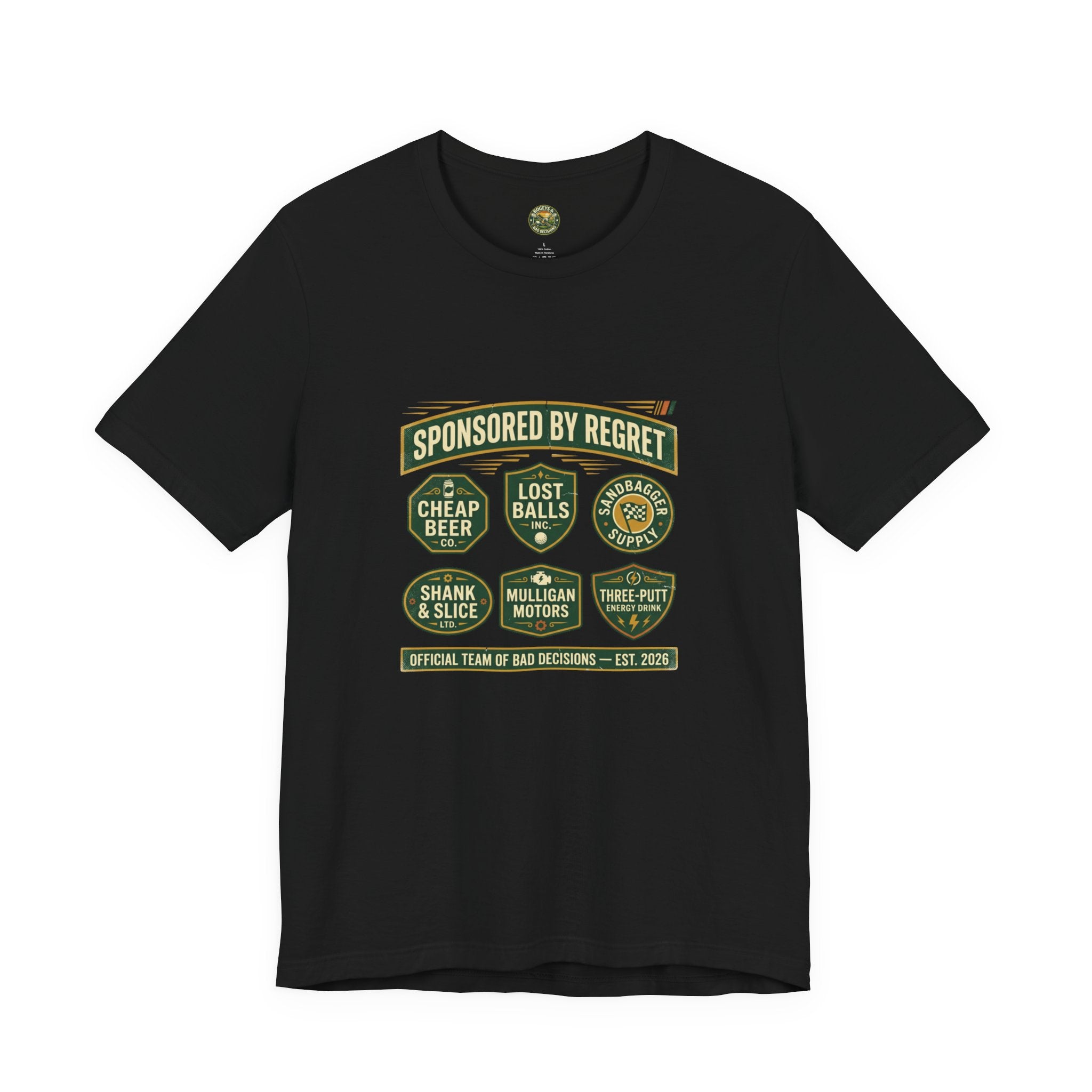 Funny golf sponsor patch t-shirt — Bogeys & Bad Decisions