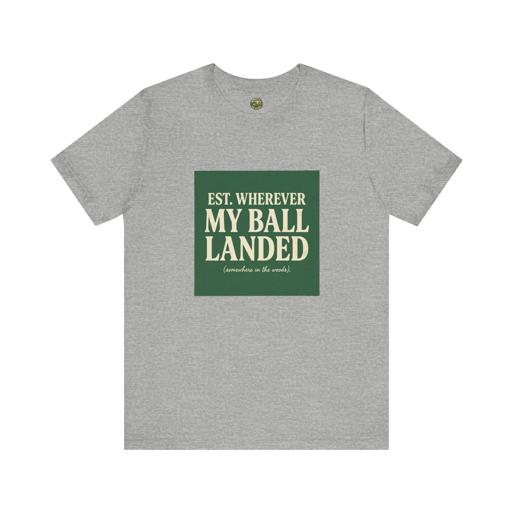 Gray t-shirt with green and white text on a white background