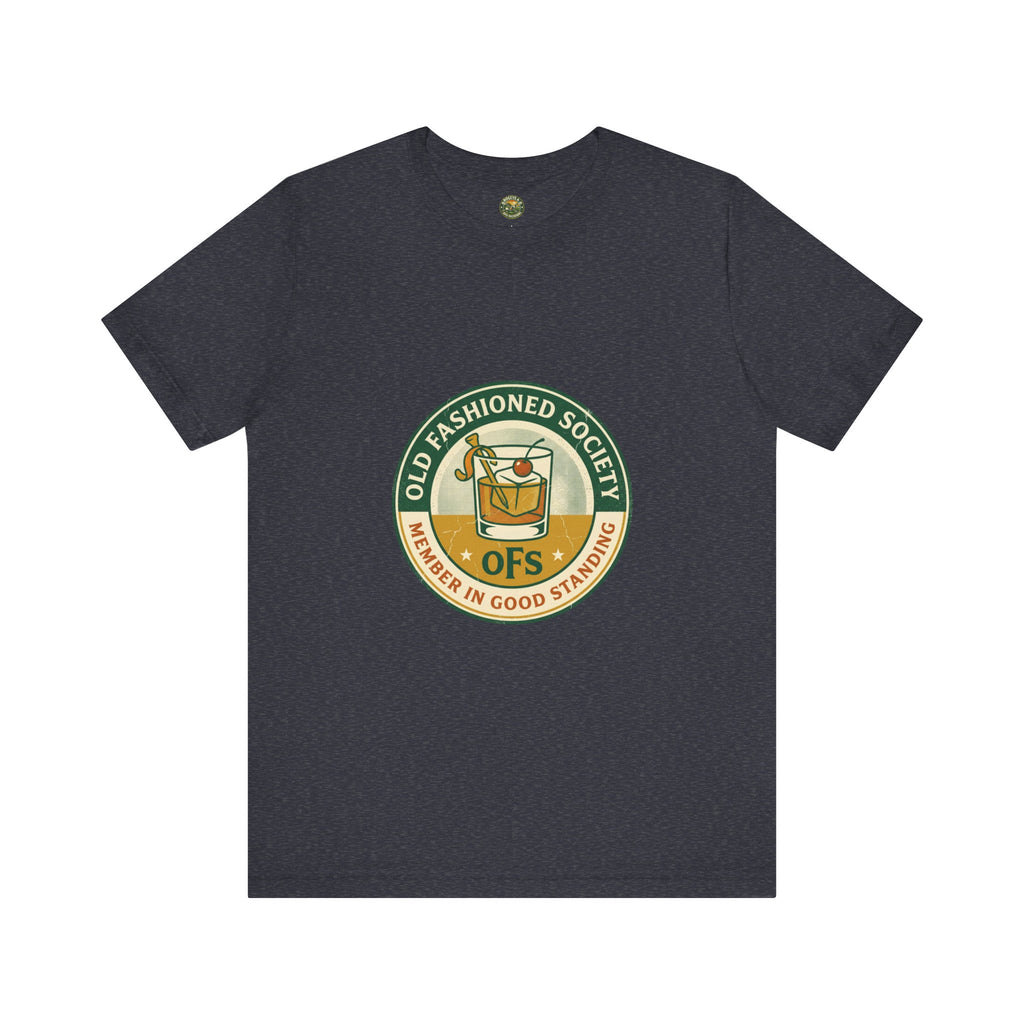 Navy blue t-shirt with 'Old Fashioned Society' logo on a white background
