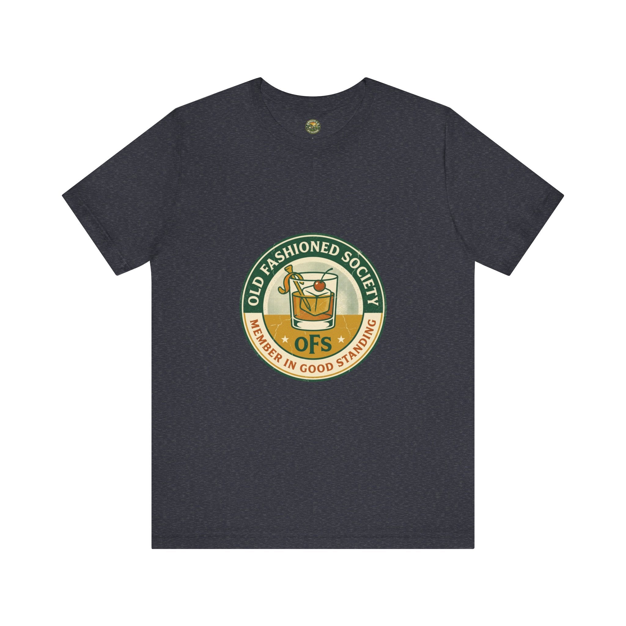 Navy blue t-shirt with 'Old Fashioned Society' logo on a white background