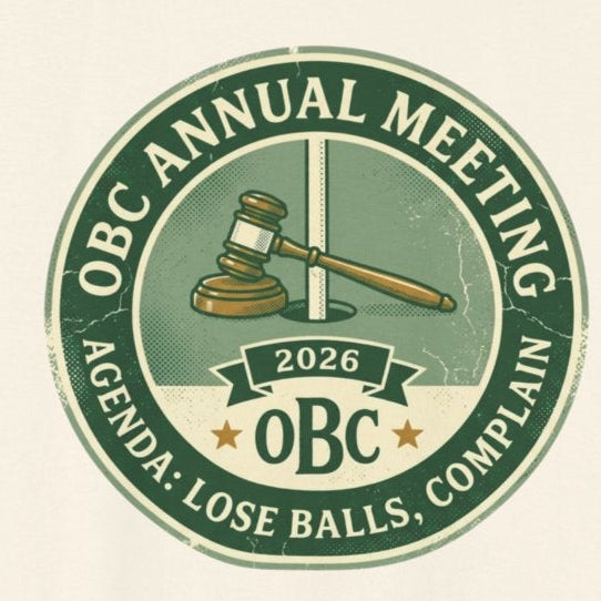OBC Annual Meeting badge tee — vintage country club parody