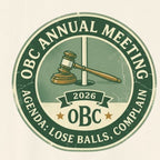 OBC Annual Meeting badge tee — vintage country club parody
