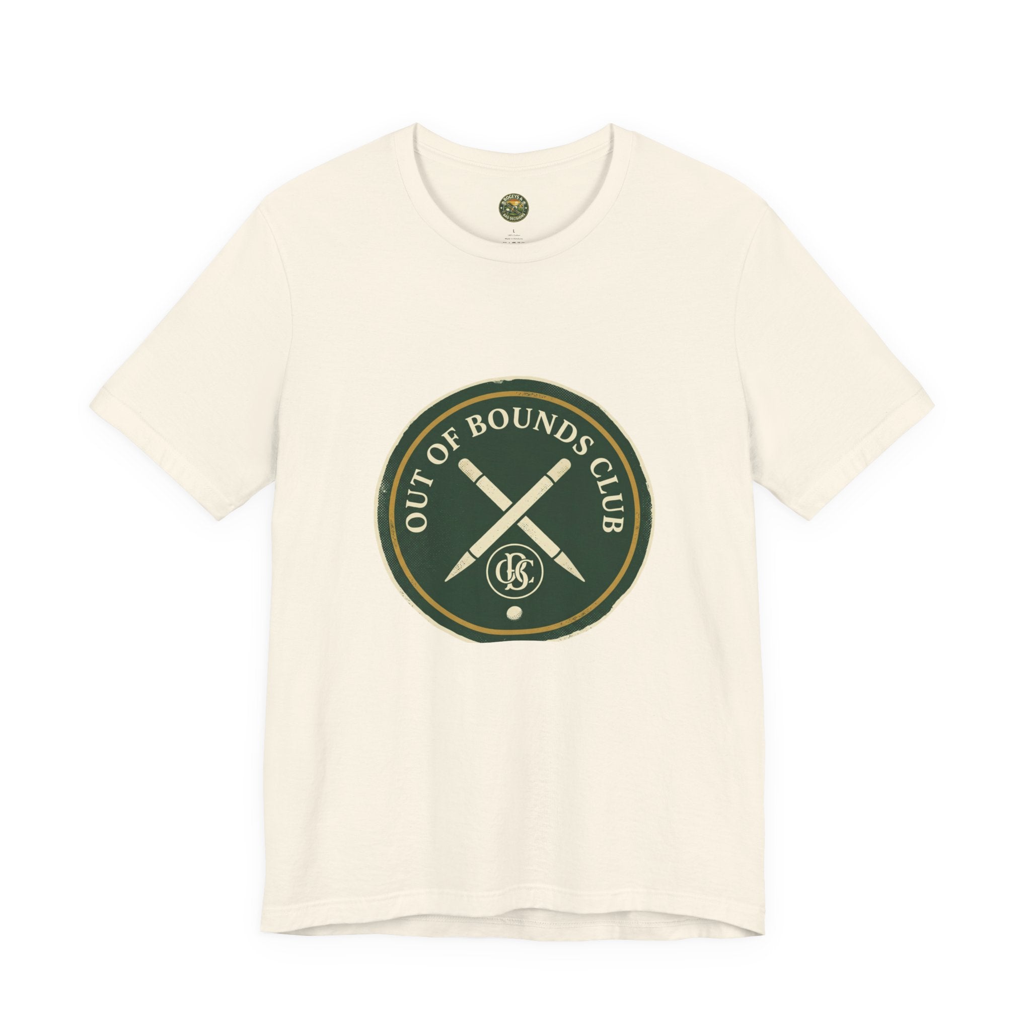 Out of Bounds Club tee with crossed white OB stake mark