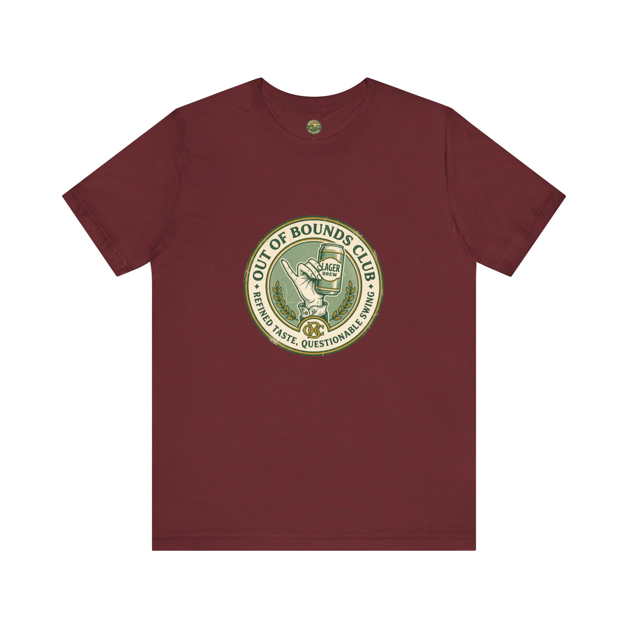 Maroon t-shirt with a green and white logo on a white background