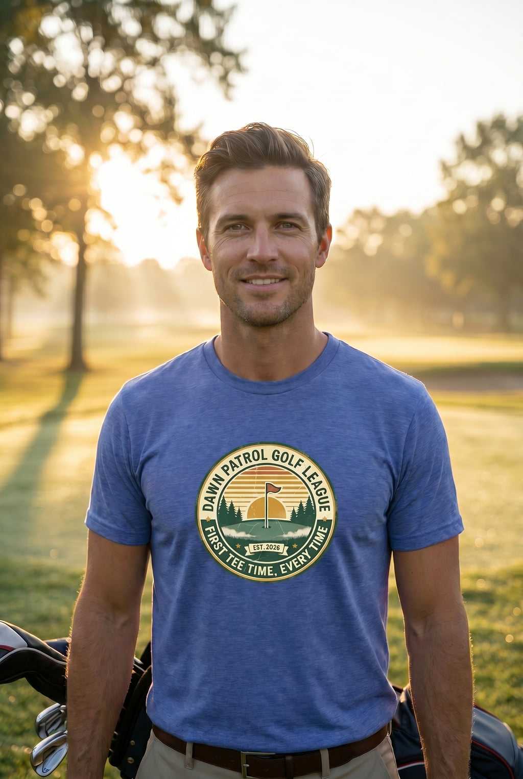 Dawn Patrol Golf League Badge Tee — Sunrise Crest