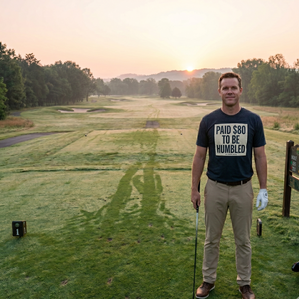 Man on a golf course holding a golf club with a sunset in the background
